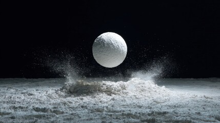 A white ball suspended above a pile of white powder, with a splash frozen in time against a stark black backdrop