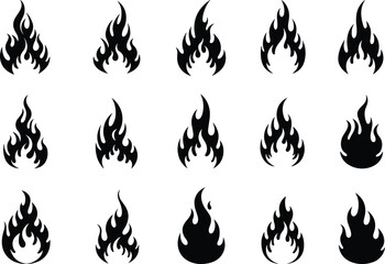 Collection of black flame icons, fire symbols, burning flames, fire illustrations, fire graphics, heat icons, fire designs, vector flames