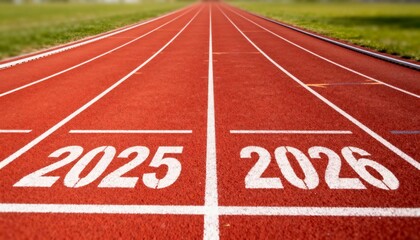Low-angle long shot of a red running track with white lane markings and year numbers