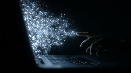 Mysterious hand conjures digital starlight from laptop, evoking Cyber Monday magic and the Festival of Digital Alchemy