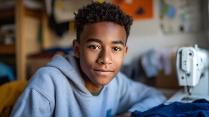 A young man sitting at a sewing machine in a room with various fabric items around him.