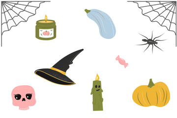 A set of scary items for celebrating Halloween. Vector graphics.