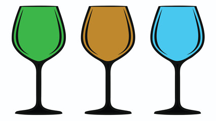 Set of three colorful wine glasses with green brown and blue glass on white background
