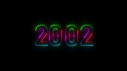 Glowing Neon number 2002 happy new year animation black background. 
