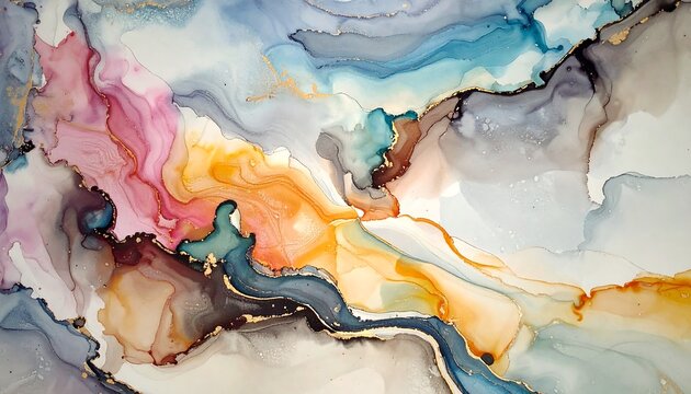 Abstract fluid art with swirling colors and gold accents