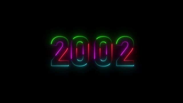 Glowing Neon number 2002 happy new year animation black background. 