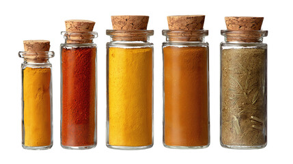 Spice jars set with paprika, turmeric, cumin, and rosemary, no labels, cork stoppers and faintly clouded glass, isolated on transparent background.
