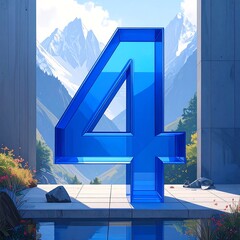 Digital art of a large, blue, glass-like number four, set against a mountain landscape