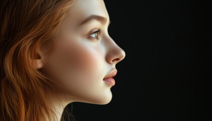 Fototapeta premium Close-Up Profile Shot Of A Stunning Young Woman In Side View Against A Black Background, Capturing Her Beauty Up Close.
