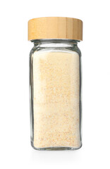 Garlic powder in glass jar isolated on white. Aromatic spice