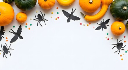 Autumnal Flatlay: Whimsical Gourds & Paper Cutouts on White Background
