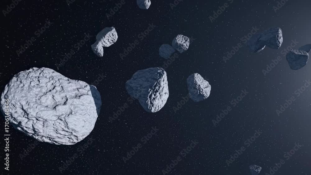 Aufkleber an asteroid field drifts through space, illuminated by distant starlight, creating a cosmic and sere