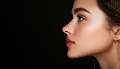 Fototapeta premium Stunning Profile Portrait Of A Young Woman In Close-Up Side View Against A Black Background - Capturing Her Beauty.