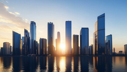 Obraz premium Sunset over sleek high rises, mirrored facades glow with warm light, cinematic city backdrop.