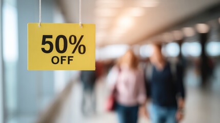 Floating 50% off sign tantalizes frugal shoppers amidst festooned corridors, embodying the jubilant frenzy of Black Friday