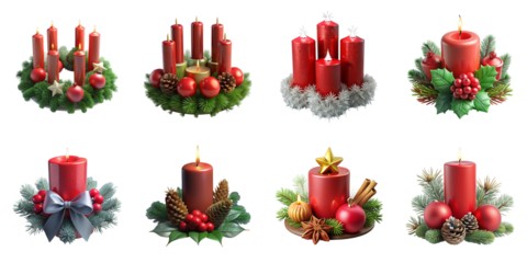 Red candles decorated with festive elements isolated on a transparent background advent wreath