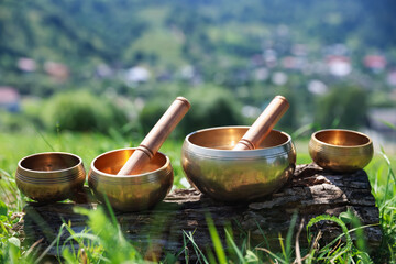 Tibetan singing bowls with mallets on piece of wood outdoors, closeup