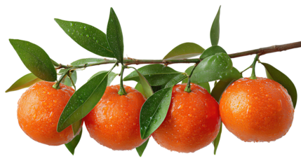 A branch of five mandarin oranges with glossy peels, dewdrops, and dark green leaves, arcing naturally with stems, isolated on transparent background.
