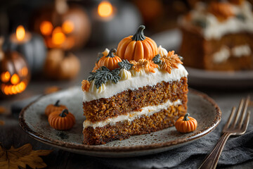 Halloween pumpkin cake cream cheese frosting topped with tiny fondant pumpkins and autumn leaves, festive background with glowing jack-o’-lanterns.