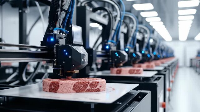 In a cutting-edge facility, 3D printers craft realistic meat textures using plant-based ingredients. Witness the future of sustainable food production and culinary innovation.