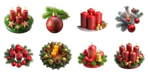 Red candles evergreen wreath decorations isolated on a transparent background image