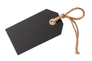 A black cardstock gift tag with stitched beige border and jute string bow, angled slightly, isolated on transparent background.
