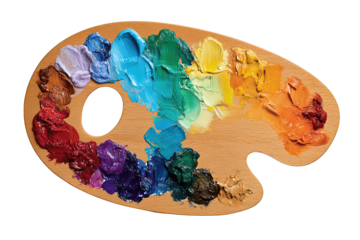 A teardrop maple wood artist palette with thumb hole, thick rainbow acrylic daubs from cool to warm, and scrape marks, isolated on transparent background.
