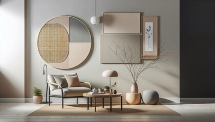 Modern living room interior with armchair, coffee table, round mirror, and decorative elements on the wall