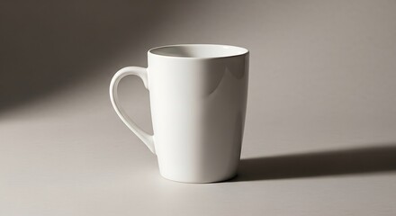 Obraz premium A simple white ceramic mug with a handle, isolated on a light gray background with soft shadows