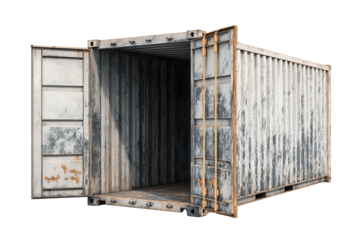 A single shipping container with open doors revealing a shadowy interior, weathered paint and scratch marks, isolated on transparent background.
