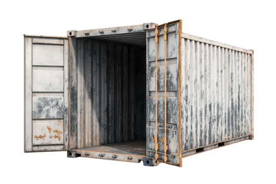 A single shipping container with open doors revealing a shadowy interior, weathered paint and scratch marks, isolated on transparent background.
