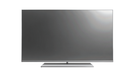 A flat-screen TV with thin bezels on a minimalist brushed metal stand, screen off showing neutral gray panel, isolated on transparent background.
