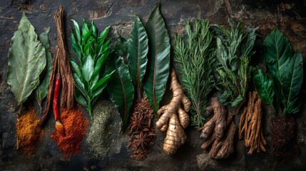 Fototapeta premium Vibrant arrangement of fresh Asian herbs and spices on rustic stone, soft light highlighting textures and cultural authenticity