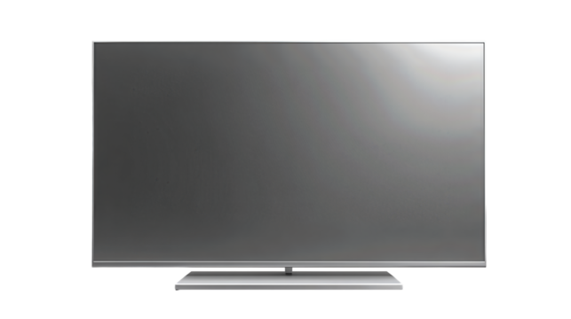 A flat-screen TV with thin bezels on a minimalist brushed metal stand, screen off showing neutral gray panel, isolated on transparent background.
