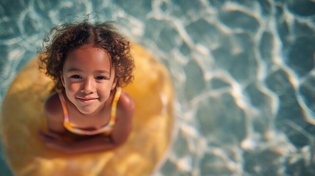 A young child sitting in a large inflatable ring in an indoor swimming pool.
