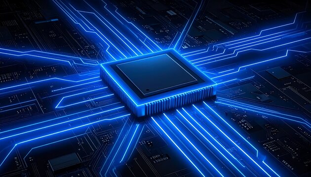 A glowing blue central processing unit surrounded by circuit board pathways in a dark, futuristic setting - Powered by Adobe