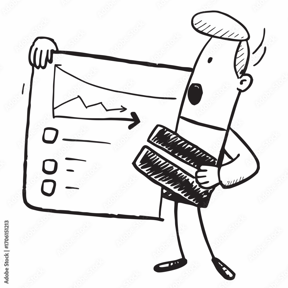 Poster comical character presenting business growth chart with checklist, perfect for adding lighthearted v