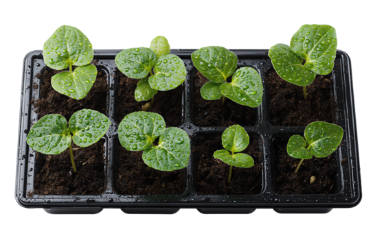 A starter tray holding seedlings, rich moist soil and dewy leaves with a natural gloss, isolated on transparent background.