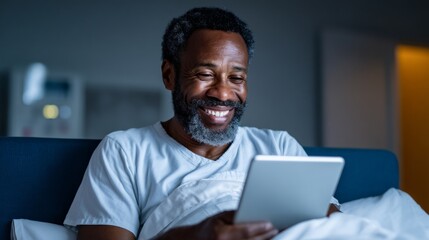 Old man using tablet computer, smiling, sitting comfortably indoors