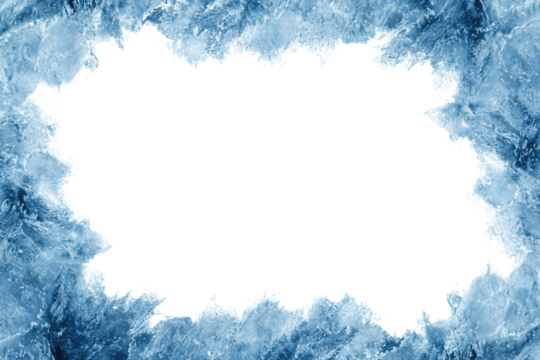 Frosted ice border in light blue tones, irregular crystalline edges forming a rectangle, isolated on transparent background.
