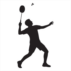 Silhouette of a male badminton player in action hitting a shuttlecock during a match