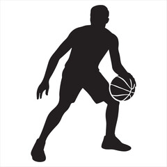 Silhouette of a basketball player dribbling a ball on a white background