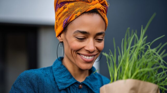 "A woman smiling at camera next to a potted plant."