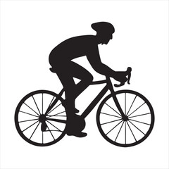 Silhouette of a cyclist in motion on a road bike with a white background