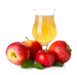 Tasty cider in glass, fresh apples and green leaves isolated on white