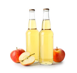Delicious cider in glass bottles and apples isolated on white