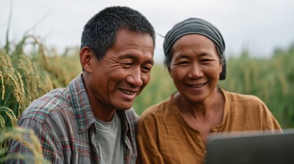 Farmers sharing a moment of joy together in a field.