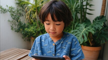 Child using electronic device, standing outside in daylight.