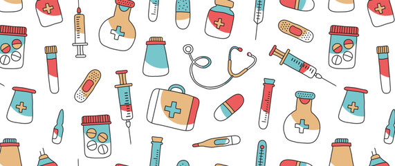 Medicine doodle seamless pattern, medical print. Modern hand drawn first aid kit, syringe, stethoscope, vial, pills, vaccine on white background. Healthcare simple bg. Vector illustration