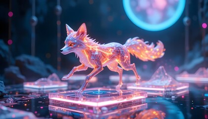 Energetic digital fox with glowing circuits leaps across neon platforms in futuristic cyberspace